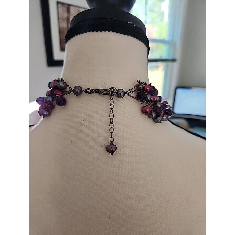 Purple Burgundy Faux Pearl Beaded Multi Strand Bib Choker Necklace Gunmetal Tone - Picture 5 of 5